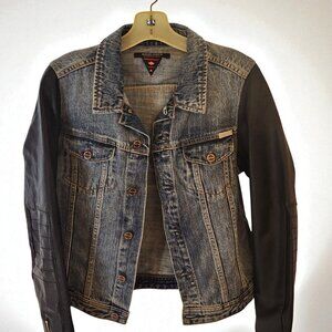 Maison Scotch Amsterdam Blauw Women's Jean Jacket w/ Leather Sleeves Size 4 Moto
